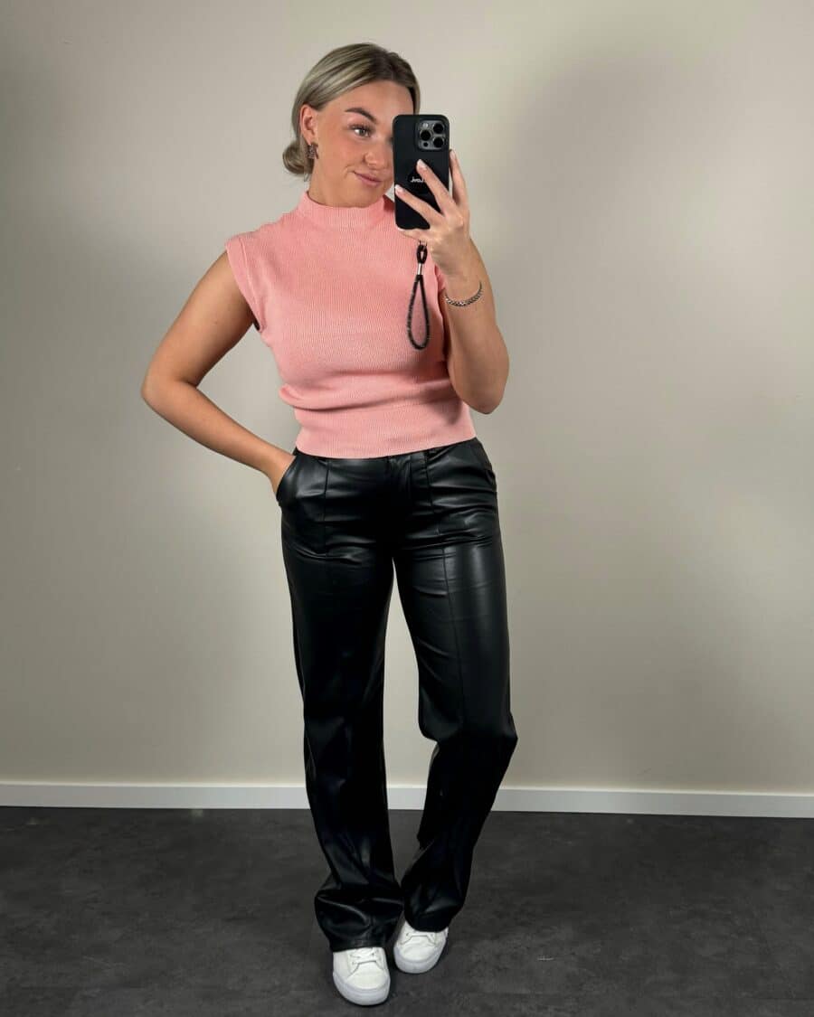 Joya Straight Leather Jeans Zwart