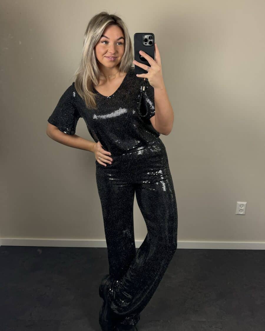 Kiki Glitter Wide Leg Broek Zilver